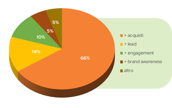 Grafico a torta: 66% acquisti, 14% lead, 10% engagement, 5% brand awareness, 5% altro.